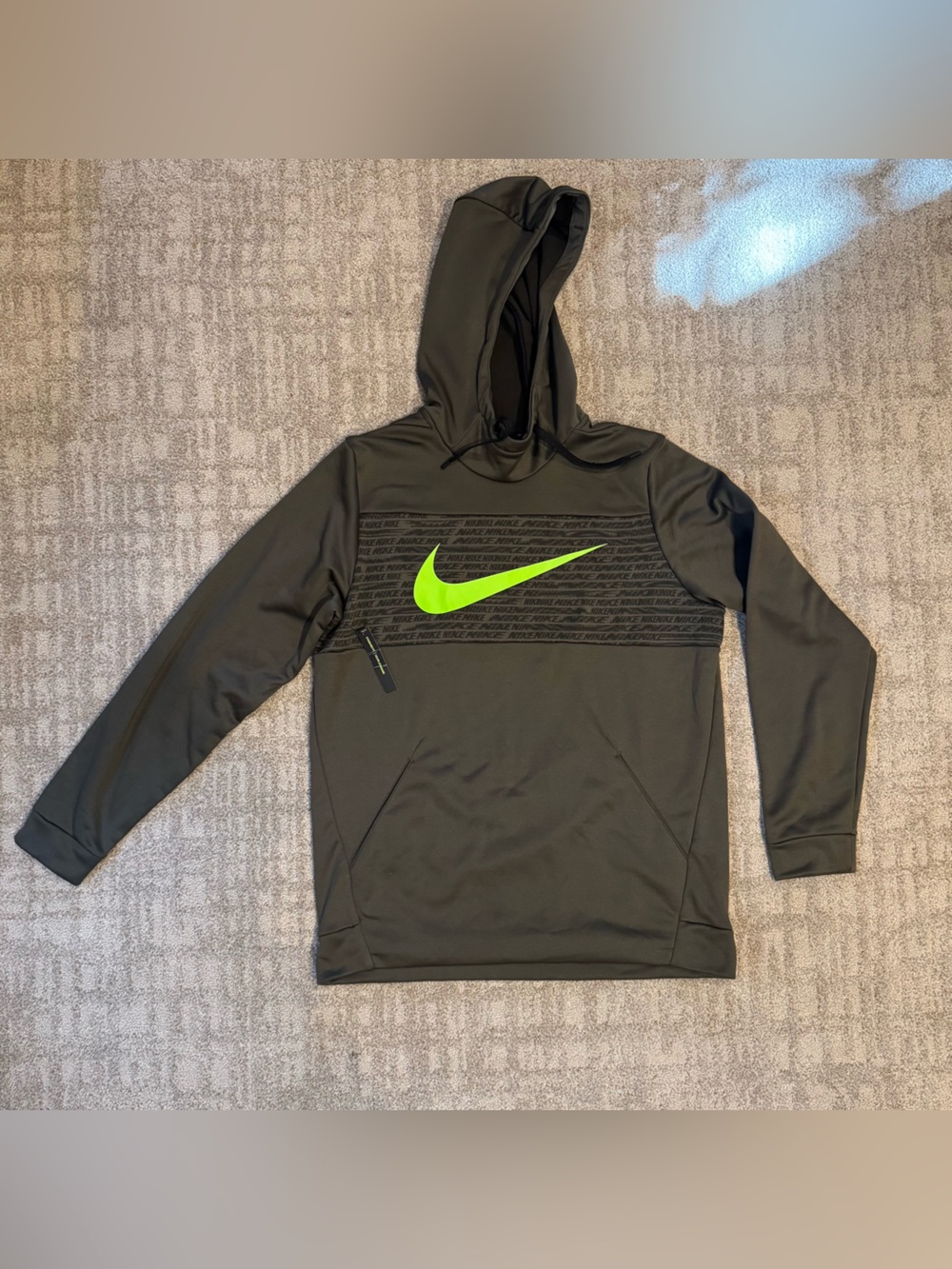Nike Olive Hoodie sweatshirt with Neon Green Swoosh Size L